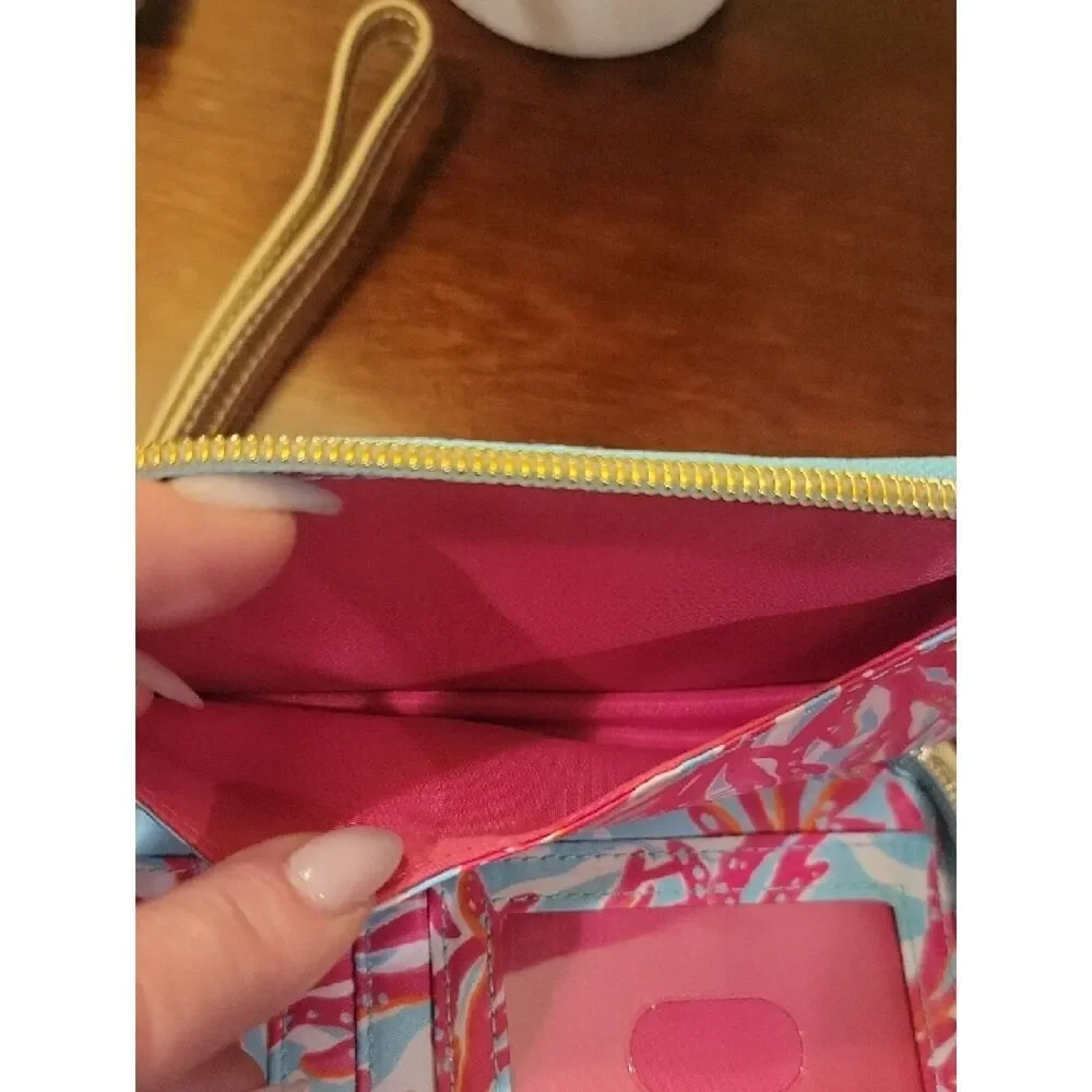 Lilly Pulitzer Coral Print Wristlet in Light Blue, Pink, Gold